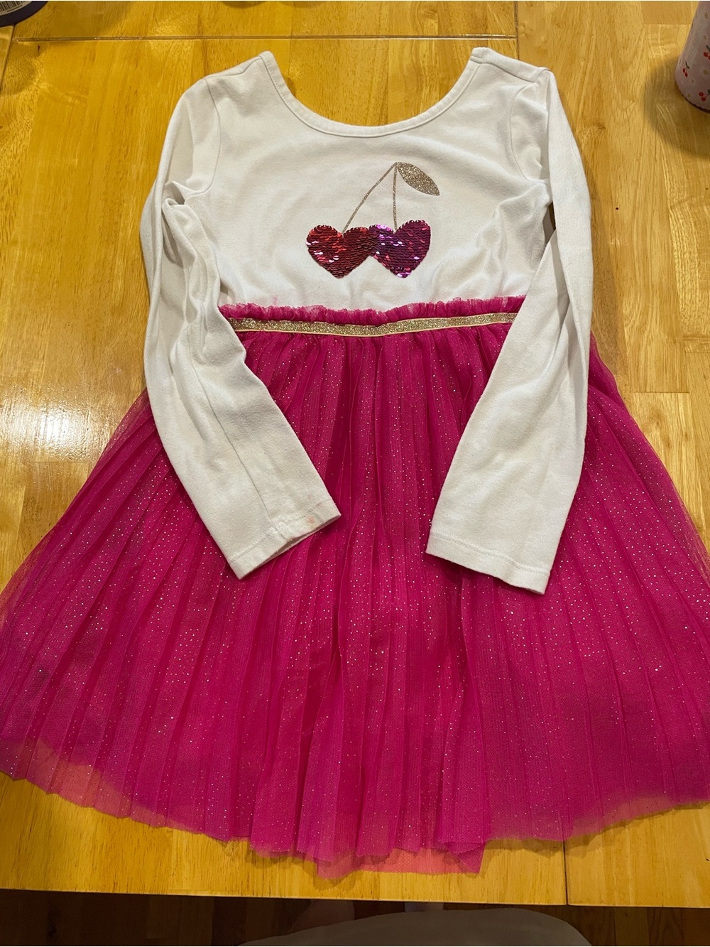 Girls' White & Hot Pink Sequin Cherry Tulle Dress**